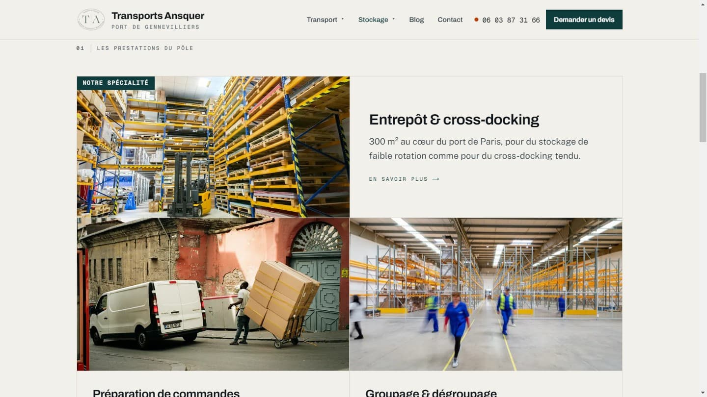 Page Stockage du nouveau site : les prestations du pôle, entrepôt et cross-docking, préparation de commandes, groupage et dégroupage, chacune illustrée et décrite.
