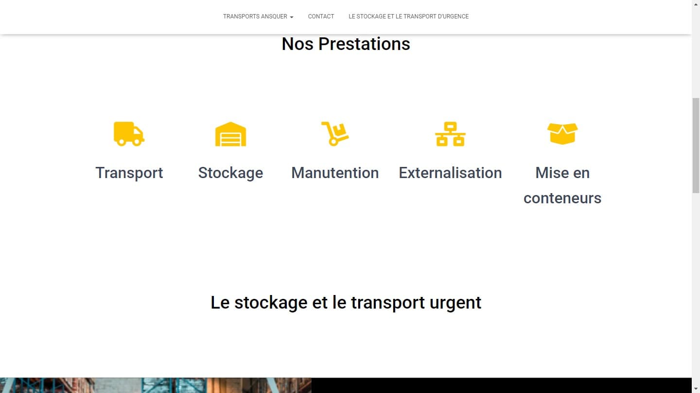 Section « Nos prestations » de l'ancien site : cinq icônes jaunes et cinq mots, sans explication. Archive du 20 avril 2026.
